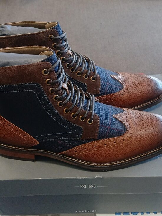 Stacy Adams Shoes Finnegan Wingtip Lace up Boot Cognac with Navy Size 9-O